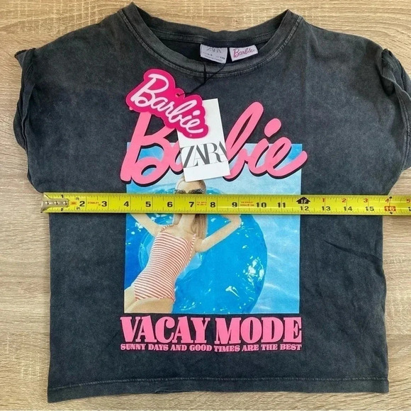 NWT Zara x Barbie Tee Shirt Top Pink Black Vacay Mode XS - Picture 10 of 10